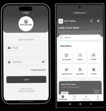 Login mobile PJP Online di iPhone dan dashboard di Android