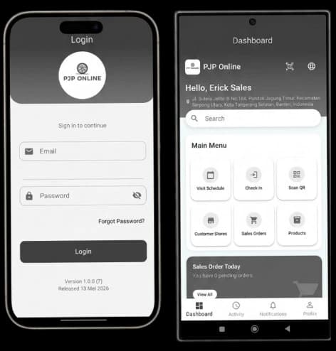 Login mobile PJP Online di iPhone dan dashboard di Android